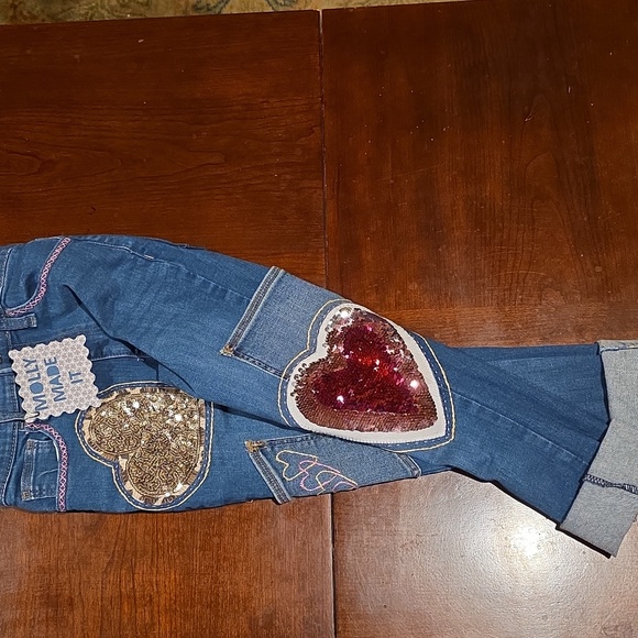 Upcycled GIRLS Denim Jeans Molly Made It From Womans Jeans with Heart Patches - Picture 4 of 12